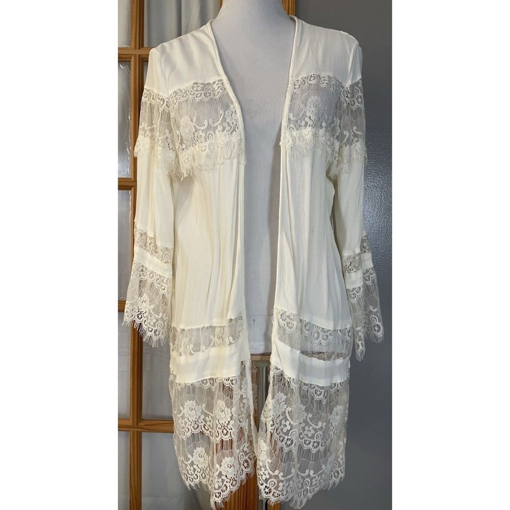 Y2K Rue21 Open Front Lace Cardigan Cover Up L/XL Ivory Mid Length Boho Lagenlook
